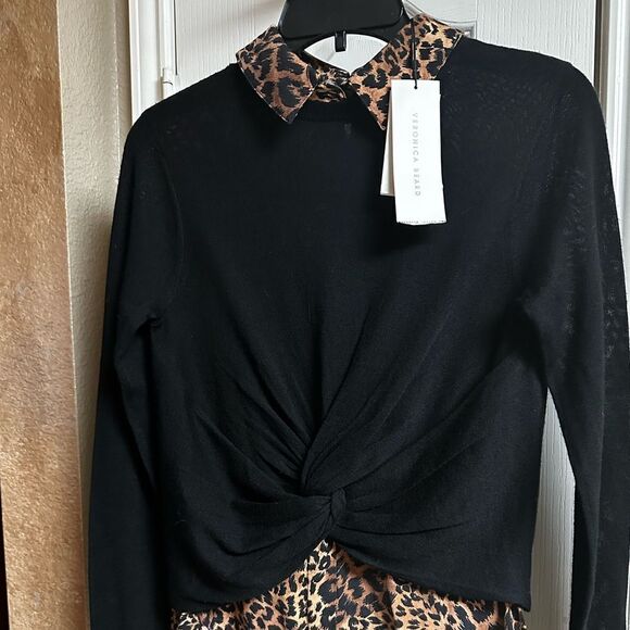 VERONICA Beard Animal Print Layered Sweater Shirt Mixed Media Mocha Mousse NWT - Picture 8 of 10